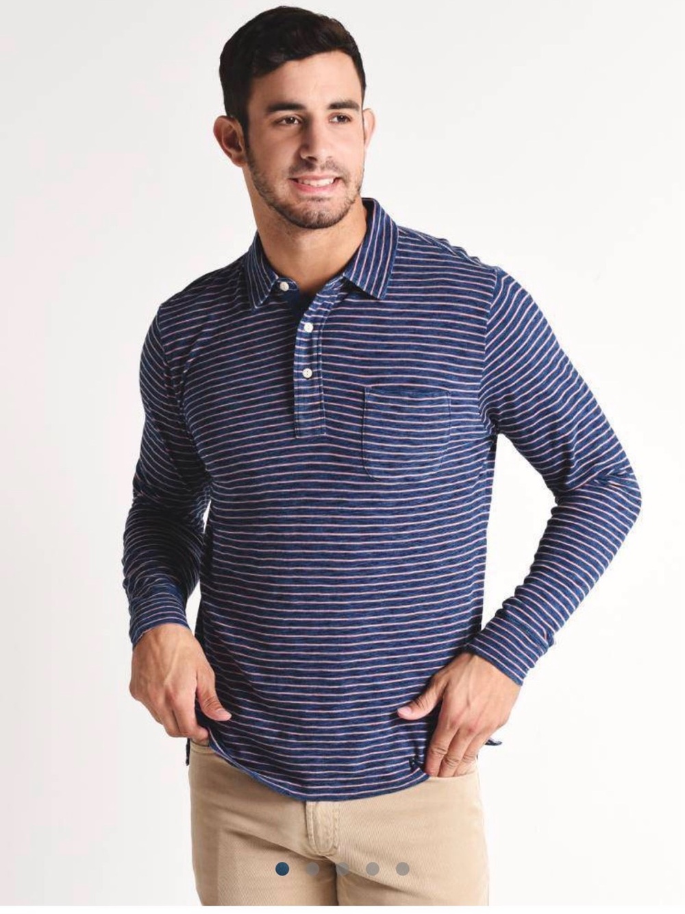 Faherty Long Sleeve Indigo Polo Large Striped Pink Blue Coastal Preppy Fall Golf